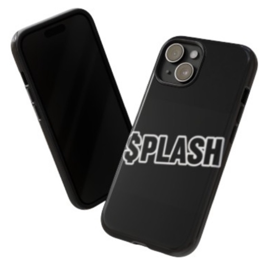 Black phone case that say’s SPLASH which is my clothing brand